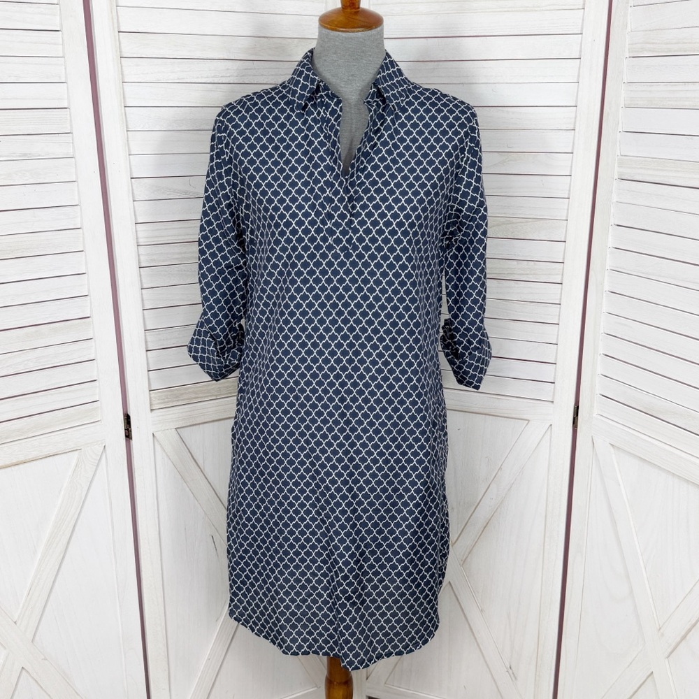 Kut from the Kloth Geometric Print Nautical Silk Blend Shift Shirt Dress Blue 4